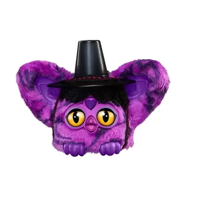 Brinquedo de pelúcia roxo com olhos grandes amarelos e chapéu preto