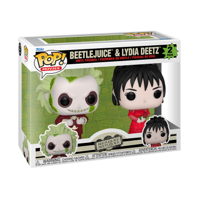 Caixa com duas figuras Funko Pop! de Beetlejuice e Lydia Deetz