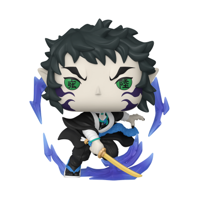Boneco Funko Pop do personagem Muzan Kibutsuji com katana dourada e efeitos roxos
