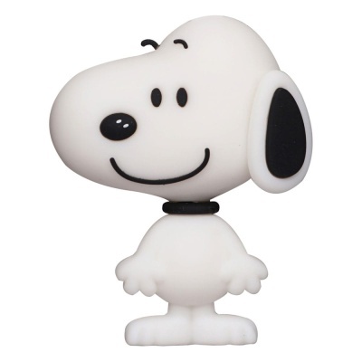 Figura de brinquedo do personagem Snoopy em plástico branco com detalhes pretos