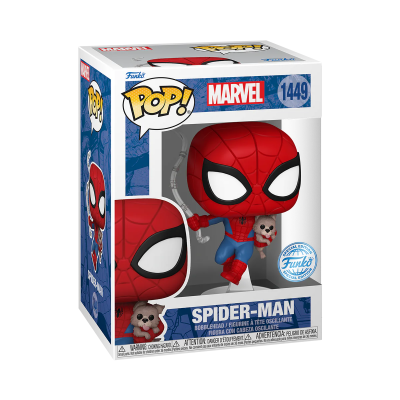 Figura Funko Pop! Spider-Man Marvel nº1449 com pequena figura animal embalada em caixa.