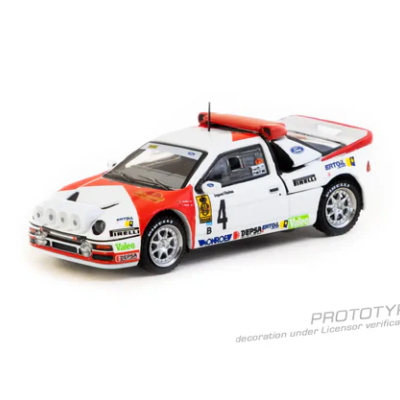 Modelo miniatura de carro de rali branco, vermelho e preto com várias inscrições