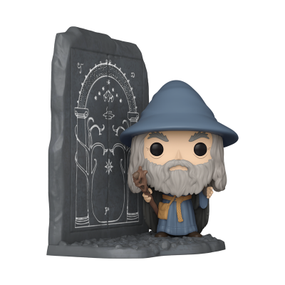 Figura Funko Pop de Gandalf com túnica azul e chapéu, ao lado de uma porta cinzenta detalhada.
