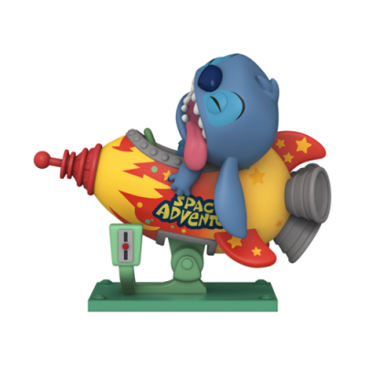 Figura de cão azul numa nave espacial amarela vermelha