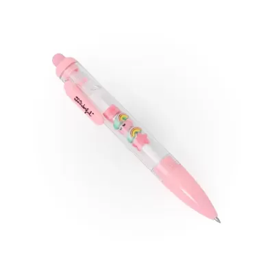 Caneta rosa com figuras de unicórnios dentro do corpo transparente