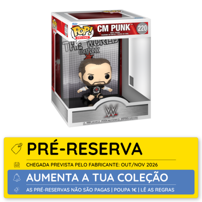 Figura Funko Pop! Deluxe CM Punk em vinil na caixa com texto e aviso de pré-reserva.