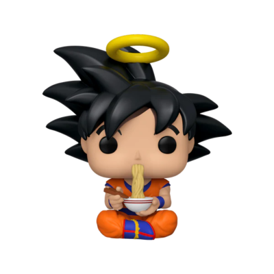 Figura colecionável Funko Pop de personagem de anime com cabelo preto, roupa laranja e azul, com halo amarelo, segurando tigela com macarrão