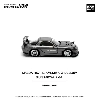 Miniatura de carro Mazda RX7 RE Amemiya Widebody gun metal 1:64 em fundo branco