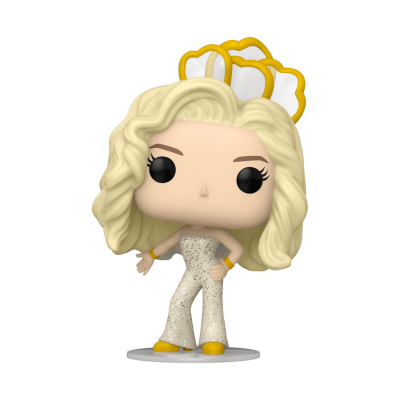 Figura Funko Pop de mulher loira com macacão branco brilhante e coroa amarela e branca