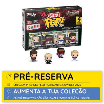 Caixa de colecionáveis Funko Bitty Pop Avengers Doomsday com 4 mini bonecos e texto pré-reserva em amarelo.