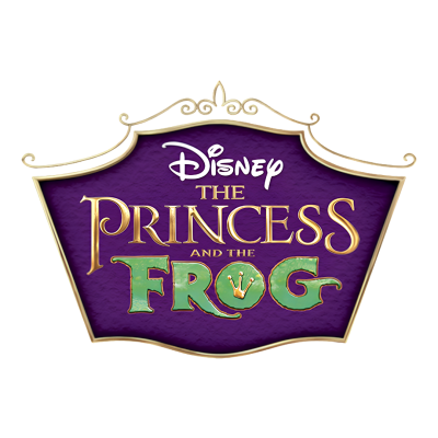 Logotipo do filme Disney The Princess and the Frog com cores roxo, dourado e verde