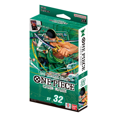 Caixa verde do jogo de cartas ONE PIECE com personagem Roronoa Zoro