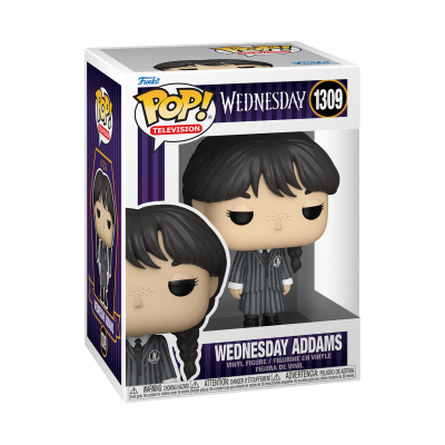 Funko Pop Wednesday Addams em caixa com texto e design roxo e branco