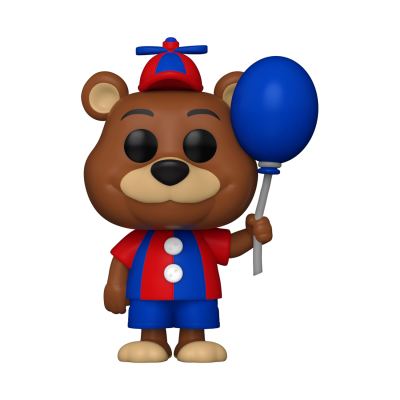 Figura Funko Pop de urso castanho com roupa azul e vermelha e balão azul