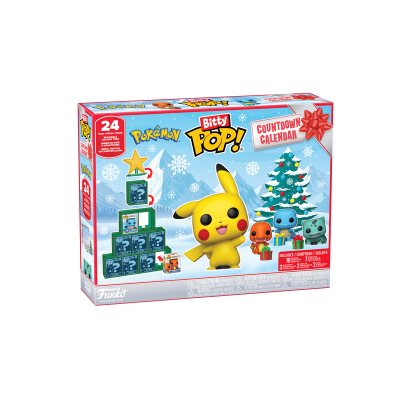 Caixa calendário de contagem decrescente Pokémon Bitty Pop com figuras e árvore de Natal.