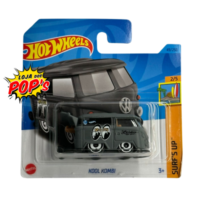 Miniatura Hot Wheels Kool Kombi preta embalada em blister com fundo azul e faixa laranja