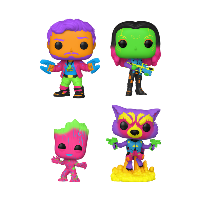 Quatro bonecos Funko Pop coloridos em estilo neon com cabelo e roupas vibrantes
