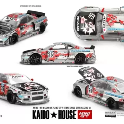 Miniatura do Nissan Skyline GT-R (R34) com desenhos vermelhos e pretos e número 25.