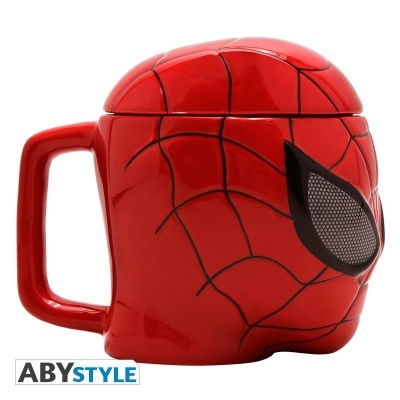 Caneca Homem-Aranha vermelha com padrão de teia e olhos em relevo