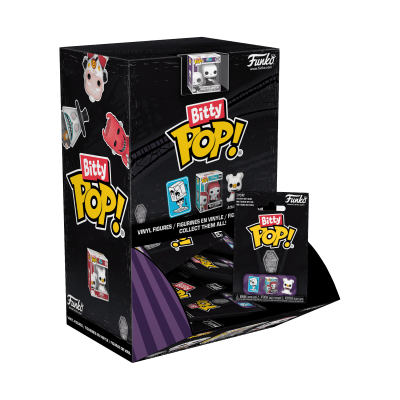 Caixa de exposição preta Funko Pop! Bitty Pop! com imagens das figuras