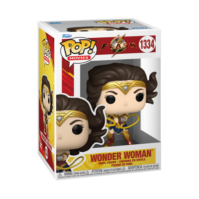 Figura Funko Pop Wonder Woman em caixa com detalhes vermelhos, azuis e dourados