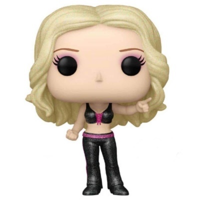 Funko Pop de mulher com roupa preta e rosa e cabelo loiro