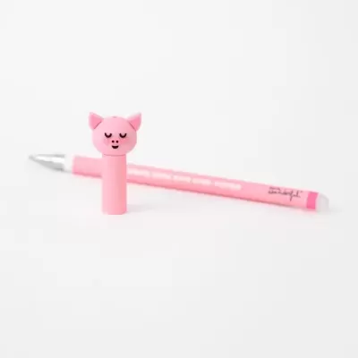 Porta de borracha rosa com cabeça de porco e lápis cor-de-rosa