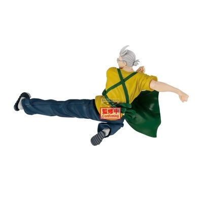 Figura de ação de personagem com camisa amarela e avental verde em pose de salto