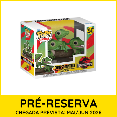 Embalagem Funko Pop! com miniaturas de dinossauro Compsognathus da coleção Jurassic Park
