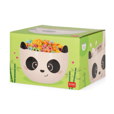 Embalagem verde de tigela de cerâmica com rosto de panda e cereal colorido