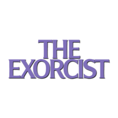 Título do filme THE EXORCIST em letras púrpura sobre fundo branco