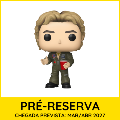 Figura Funko Pop de piloto com macacão verde e copo vermelho em fundo branco com texto amarelo