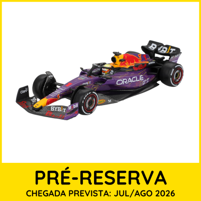 Modelo de carro de Fórmula 1 da Red Bull em roxo, vermelho e amarelo com logotipos visíveis e borda amarela indicando pré-reserva