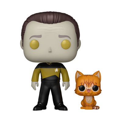 Funko Pop de personagem com uniforme preto e amarelo acompanhado por cão laranja pequeno