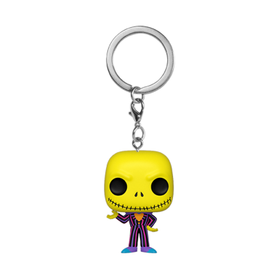 Chaveiro Funko Pop Jack Skellington amarelo com roupa riscada roxa e rosa