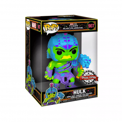 Figura Pop! do Hulk com armadura vibrante na embalagem da Marvel Thor Ragnarok.
