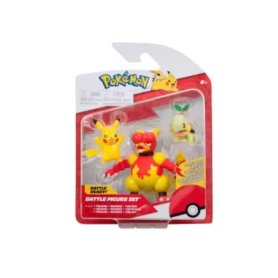 Conjunto de figuras Pokémon com Pikachu, Turtwig e Magmar na embalagem original