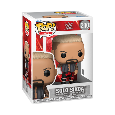 Figura Funko Pop WWE Solo Sikoa em vinil com roupa preta e vermelha na caixa