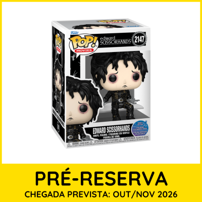 Boneco Funko Pop Edward Scissorhands em caixa com texto de pré-reserva em fundo amarelo