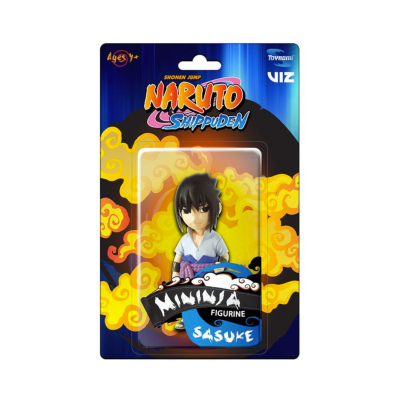 Figura Mininija de Sasuke em embalagem azul brilhante com texto e decoração de nuvens amarelas