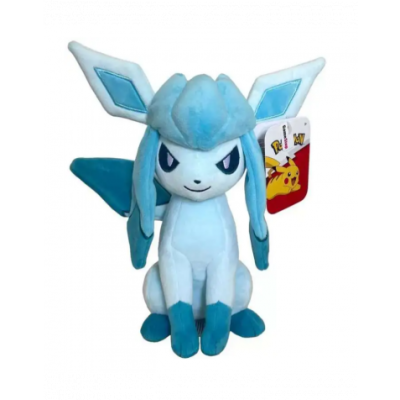 Pelúcia de Glaceon azul claro e azul escuro com etiqueta Pokémon e Pikachu