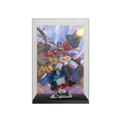 Figura colecionável do Optimus Prime com fundo ilustrado e suporte preto.
