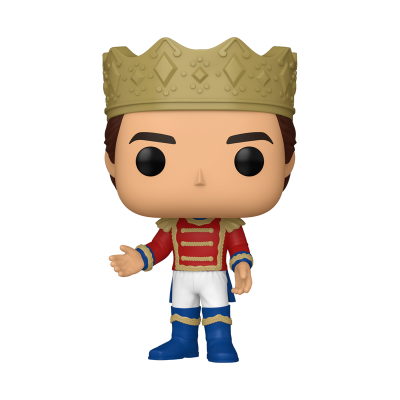 Figura Funko Pop príncipe com coroa dourada e roupa vermelha e azul