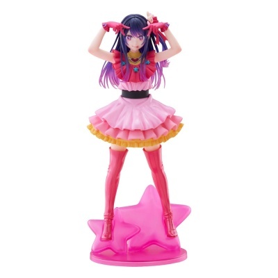 Figura anime mulher cabelo azul lilás saia rosa botas cor-de-rosa base estrelas rosa