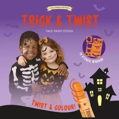 Promoção de sticks de pintura facial Trick & Twist Halloween com crianças pintadas e fundo roxo com morcegos