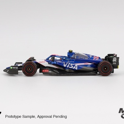 Modelo Mini GT de carro de corrida azul com logos VISA e número 22