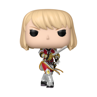 Figura Funko Pop de personagem feminina loira com armadura vermelha e espada.
