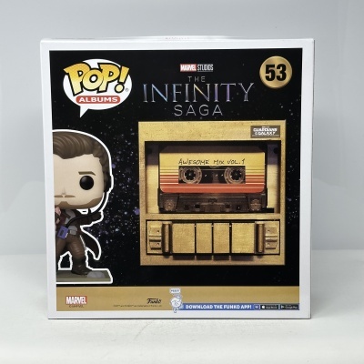 Caixa Funko Pop! Albums Marvel Studios The Infinity Saga com cassete e figura de vinil.