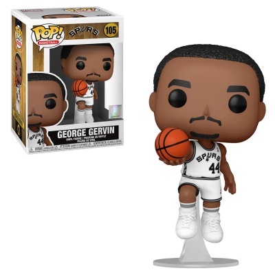 Boneco Funko Pop! George Gervin com uniforme Spurs branco número 44 segurando uma bola de basquete