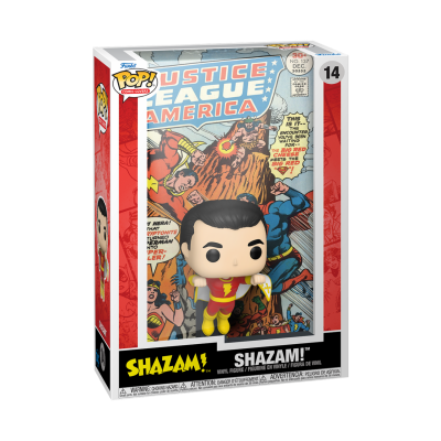 Funko Pop! Shazam em caixa com fundo da Justice League
